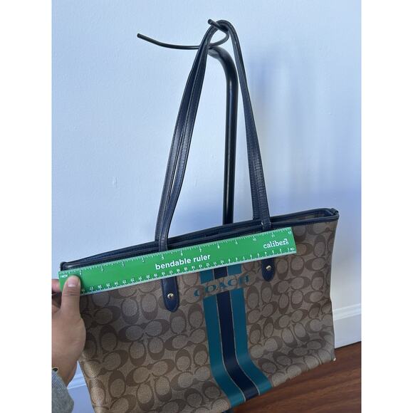 Y2K Coach Signature Monogram Stripes Shoulder Bag Tote Khaki Blue Leather Trim - Picture 11 of 13
